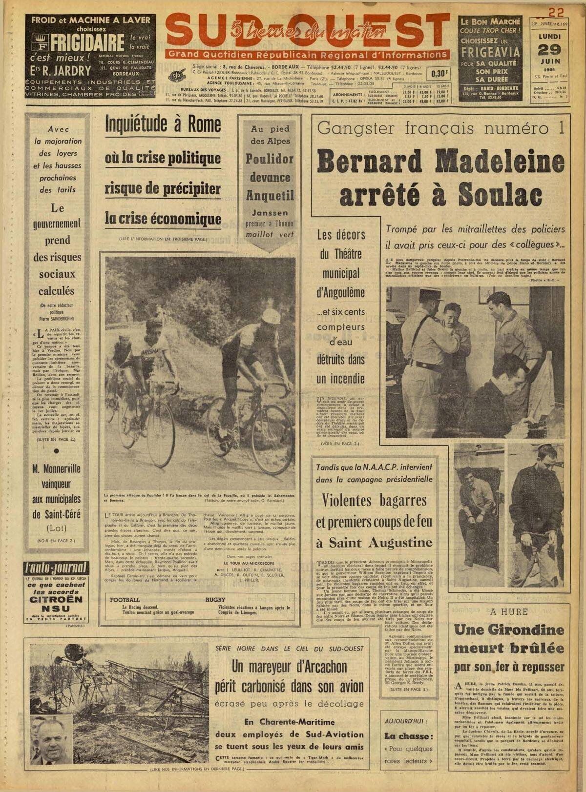 Reproduction de la Une de Sud Ouest du 29 juin 1964.