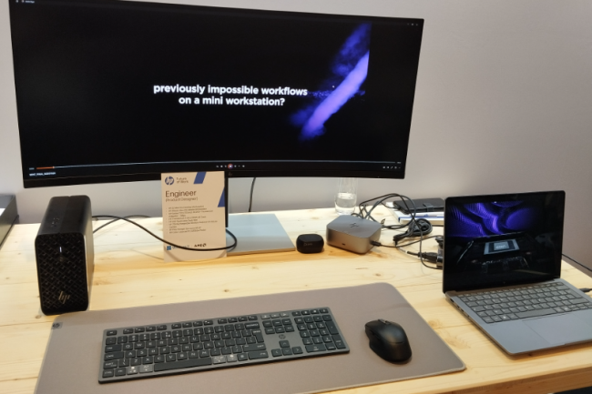 HP a présenté sa mini station graphique Z2 mini G1a et sa version mobile Ultra G1a, toutes deux motorisées par un SOC avec CPU et GPU et aussi un NPU signés AMD. (Crédit B.H.)