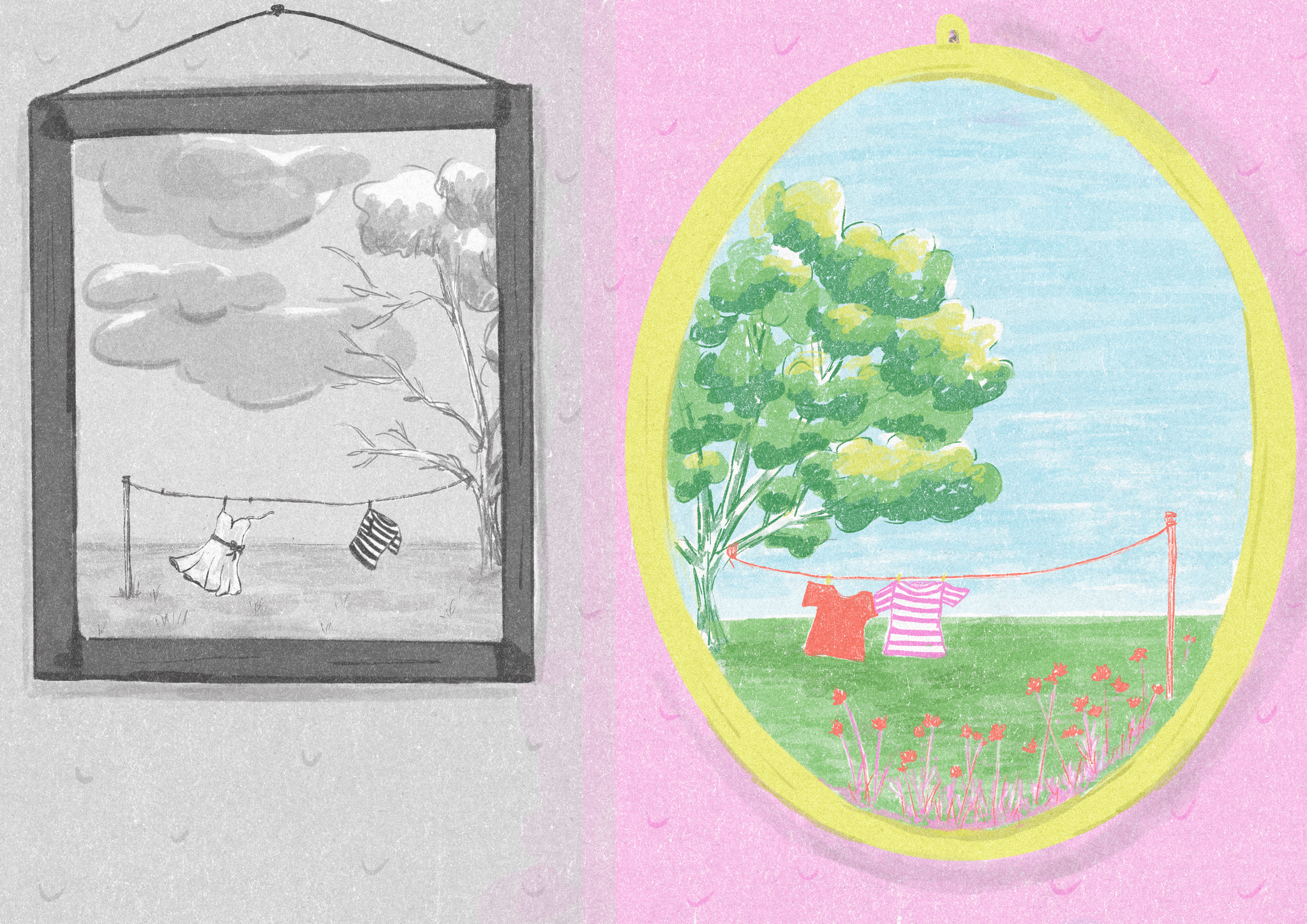 Deux cadres illustrant des scènes de nature contrastées : l’un en noir et blanc montrant des vêtements sur une corde à linge sous un ciel nuageux, l’autre en couleur avec des vêtements similaires sous un ciel bleu et des arbres verdoyants.