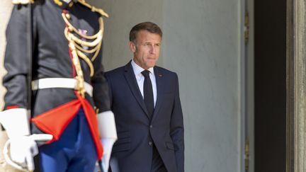Emmanuel Macron sur le perron de l'Elysée à Paris, le 1er juillet 2025 (SERGE TENANI / AFP)