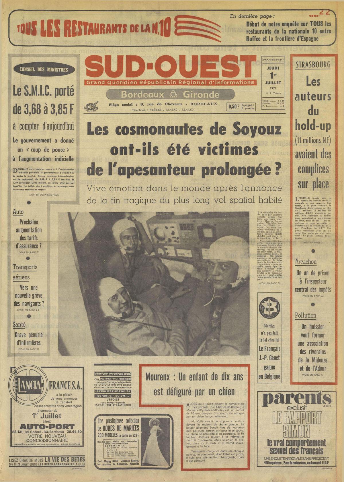 Reproduction de la Une de « Sud Ouest » du 1er juillet 1971.