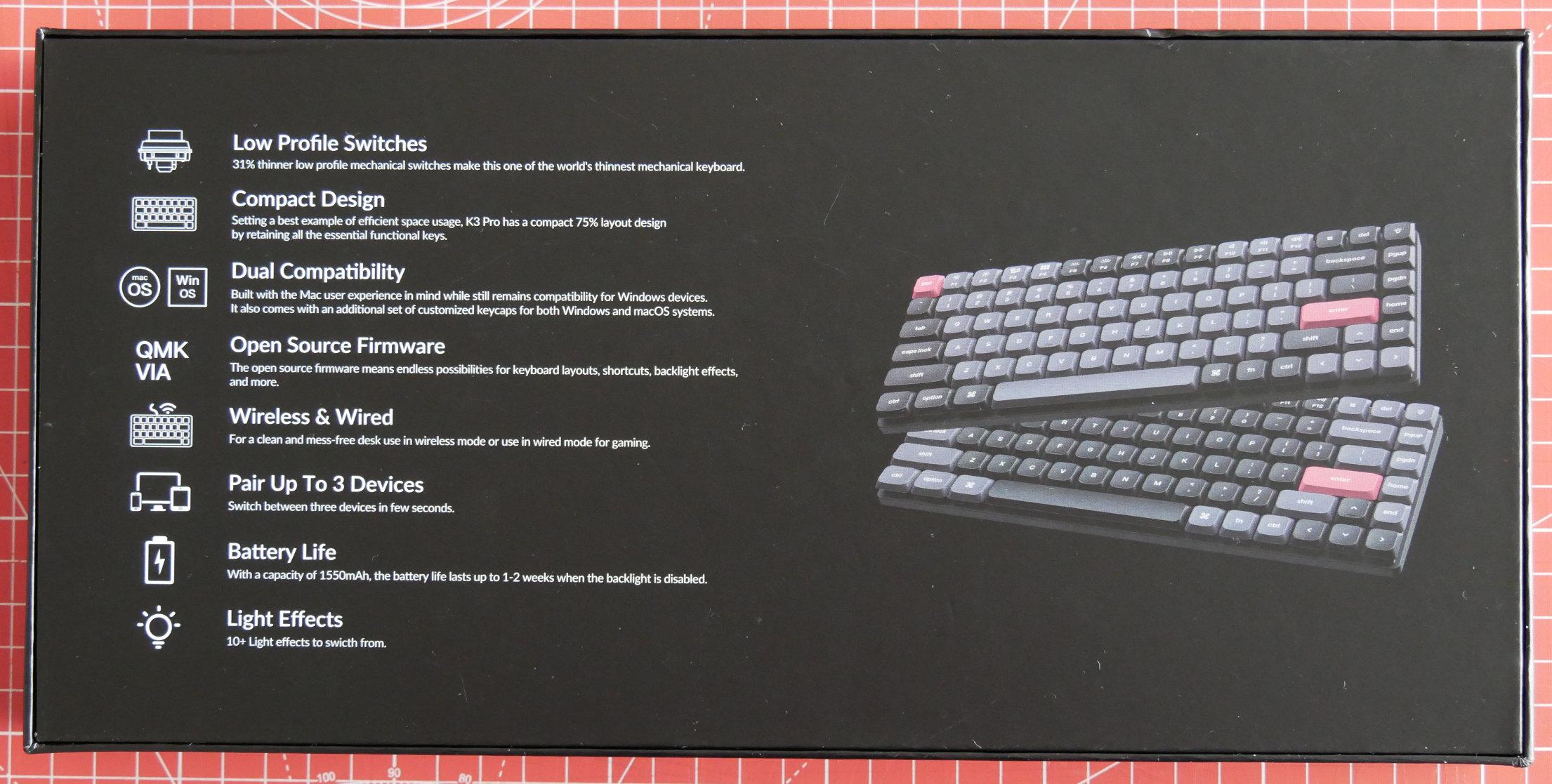 Arrière de la boîte d'emballage du clavier Keychron K3 Pro
