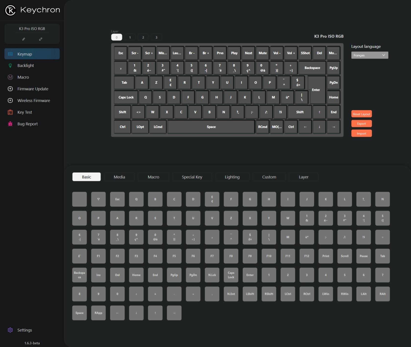 Disposition des touches lorsque l'agencement français est choisi dans Keychron Launcher