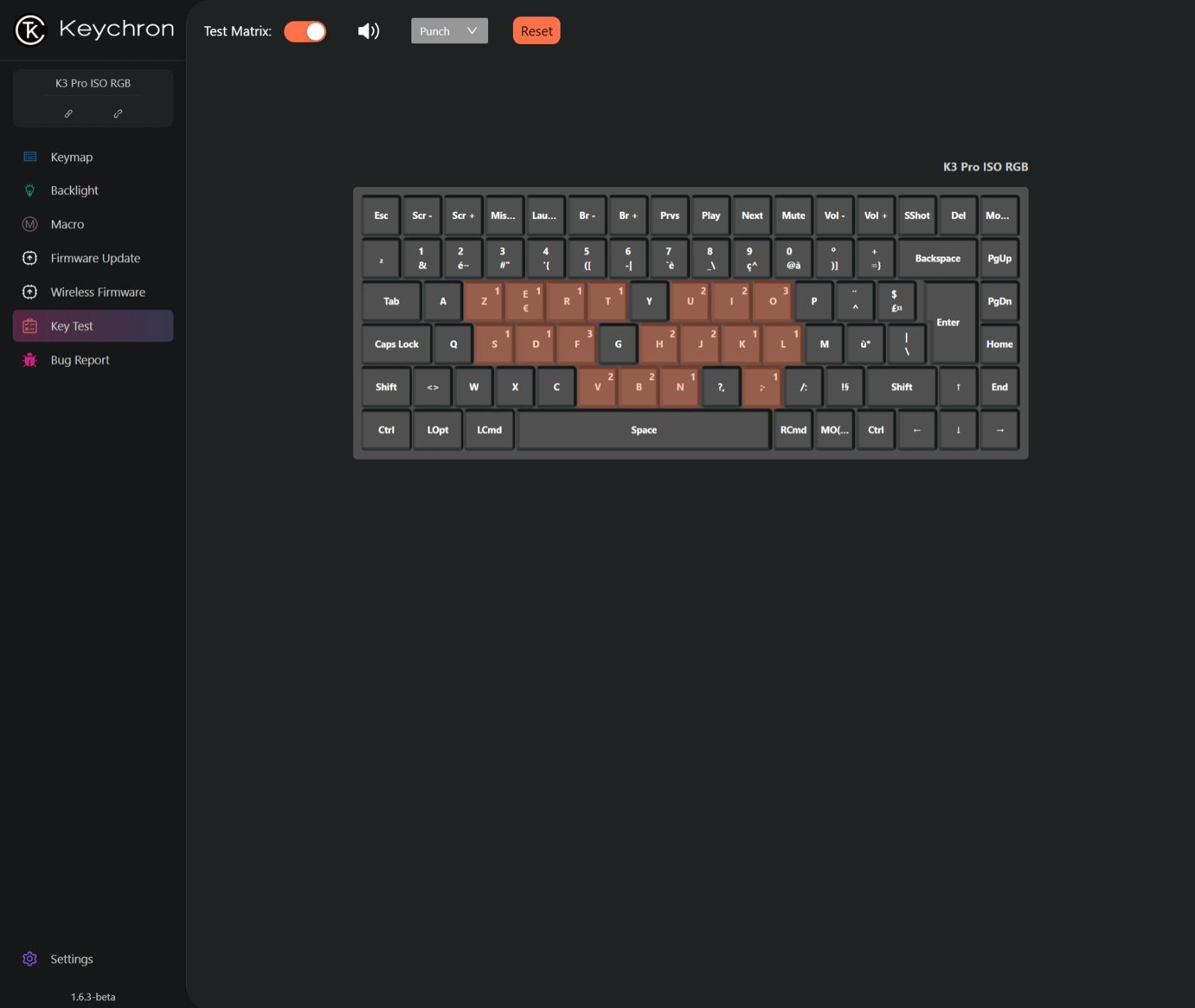 Tests des touches du clavier Keychron K3 Pro dans Keychron Launcher