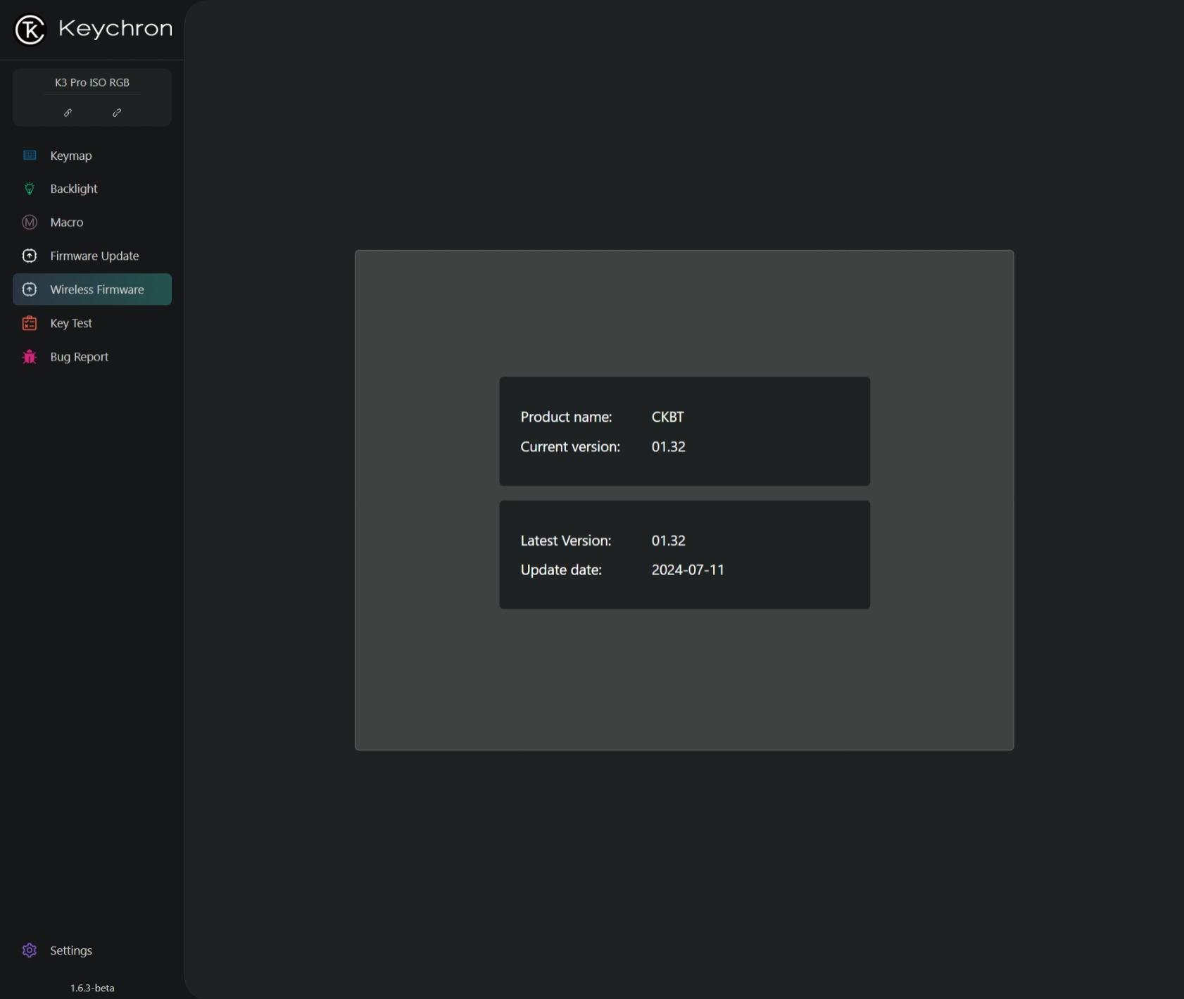 Page de mise à jour du micrologiciel Bluetooth dans Keychron Launcher