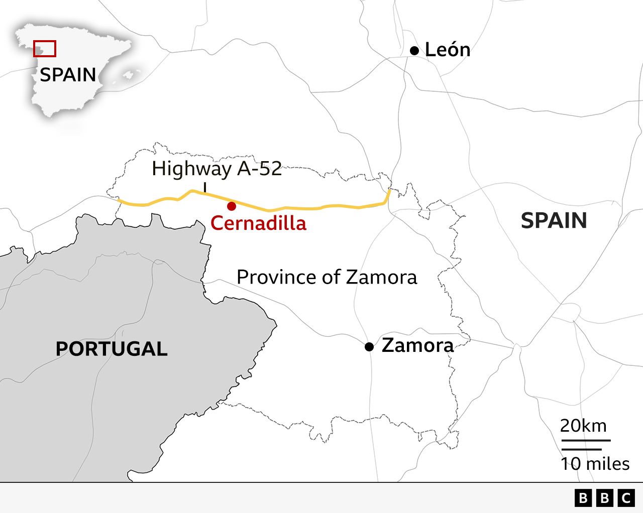 Carte montrant la province de Zamora, en Espagne, l'autoroute A-52 et la ville de Cernadilla, où la voiture de Diogo Jota a eu un accident