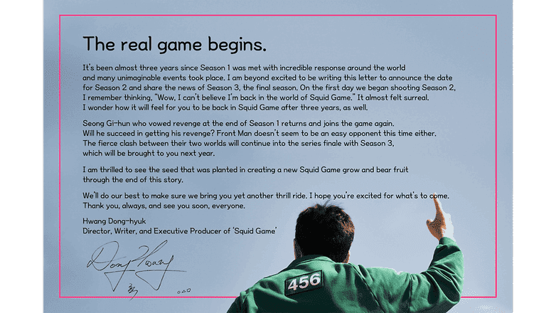 Lettre de Hwang Dong-hyuk annonçant la saison 2 de 'Squid Game' avec une signature.