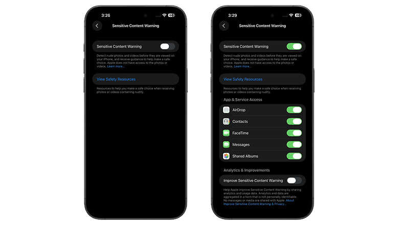 Paramètres iPhone affichant les options 'Avertissement de contenu sensible' et les fonctionnalités d'accès aux applications.