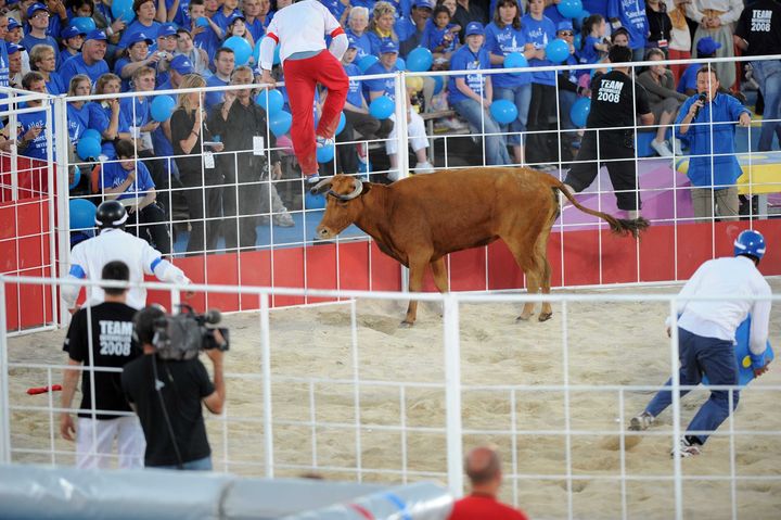 Les villes de Saint-Amand-les-Eaux et de Valenciennes s'affrontent à Intervilles, le 1er juillet 2008.