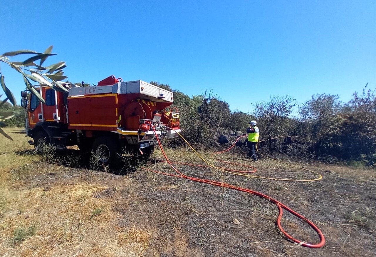 Pompiers en intervention contre un feu de forêt dans l'Hérault