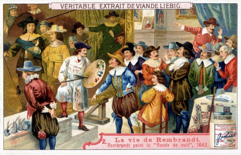 Chromo publicitaire pour l’entreprise Liebig, sur la vie de Rembrandt. Ici, Rembrandt peint « La Ronde de nuit ».