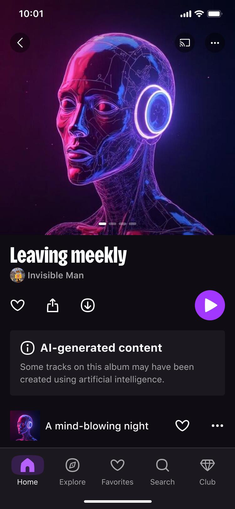 Digitaler Avatar mit leuchtenden Kopfhörern auf einem Musik-Streaming-Bildschirm