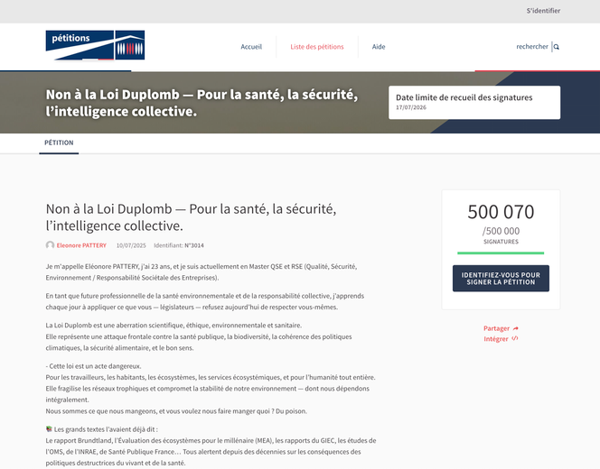 La pétition « Non à la loi Duplomb », sur le site de l’Assemblée nationale, le 19 juillet 2025.