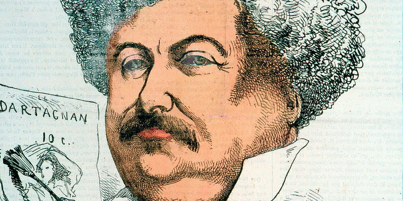 La machine littéraire caricaturée en d’Artagnan, son héros, par Bob (XIXe siècle).