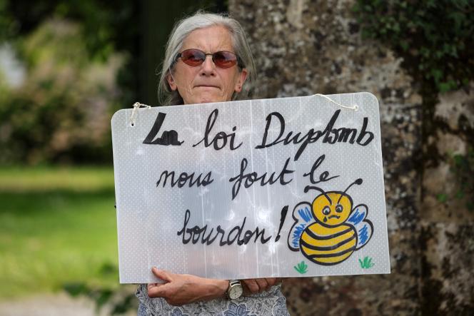 Une militante de la Confédération paysanne lors de la visite de la ministre de l’agriculture et de la souveraineté alimentaire, Annie Genevard, dans une ferme à Saint-Michel (Gers), le 5 juin 2025.