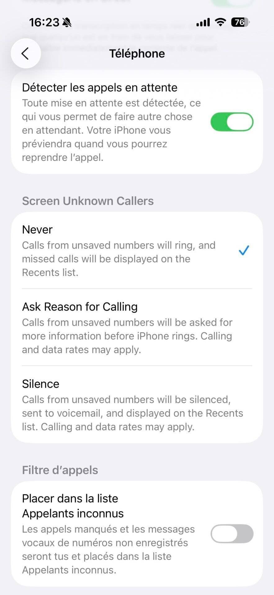 Réglages de l'application Téléphone