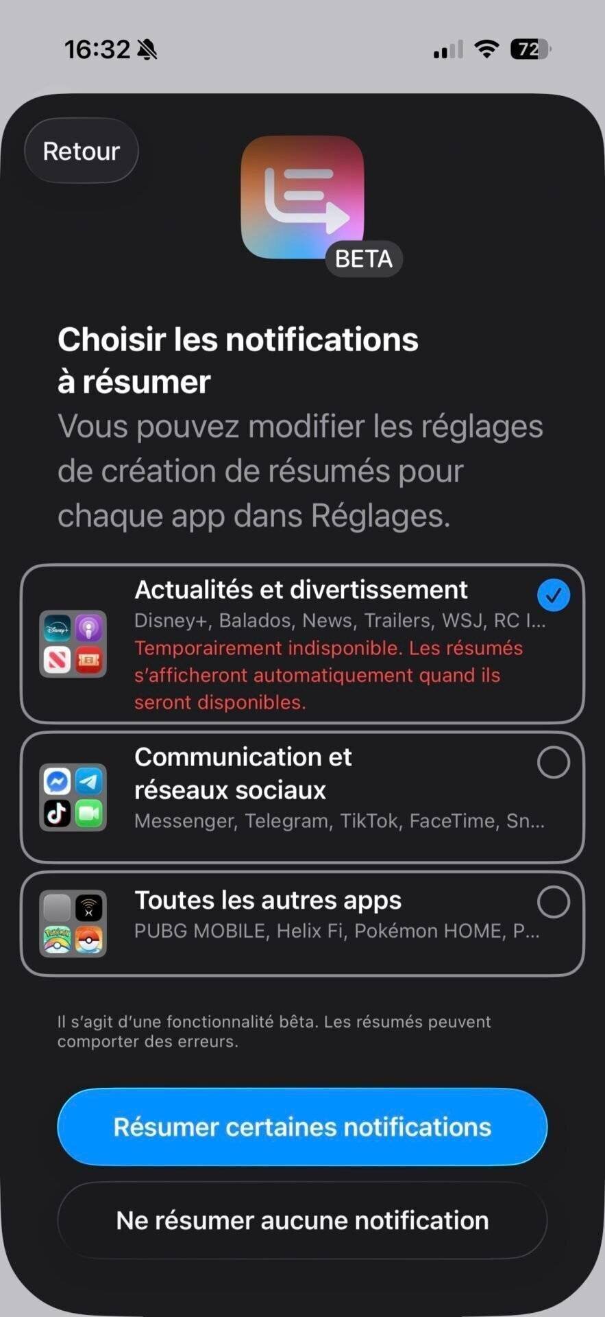 Résumé des notifications
