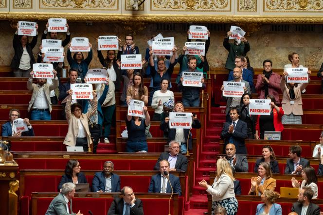 Les députés « insoumis » montrent des banderoles avec les noms des agriculteurs morts pendant les débats à l’Assemblée nationale française sur la loi Duplomb, à Paris, le 26 mai 2025.