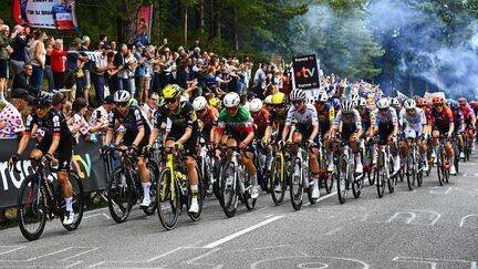 Le peloton sur la 1re étape du Tour de France femmes, le 26 juillet 2025. (RONAN HOUSSIN / AFP)
