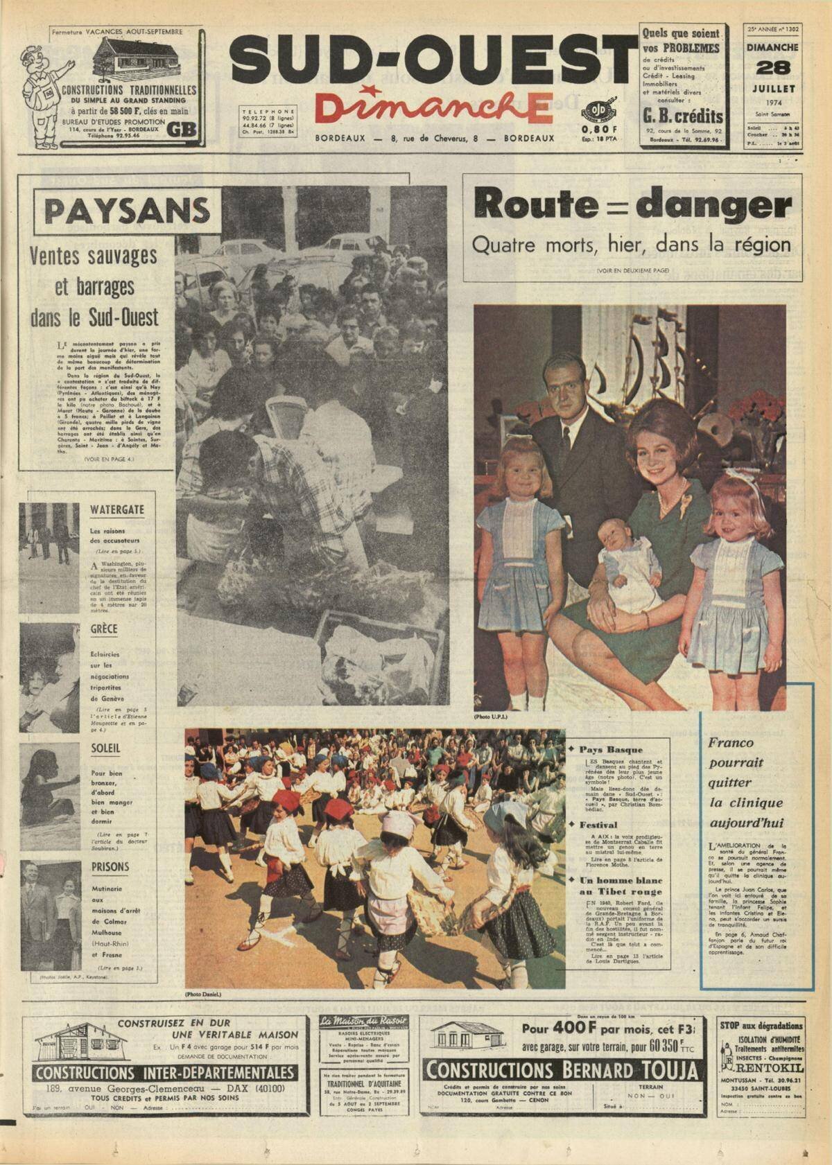 Reproduction de la Une de « Sud Ouest » du 28 juillet 1974.