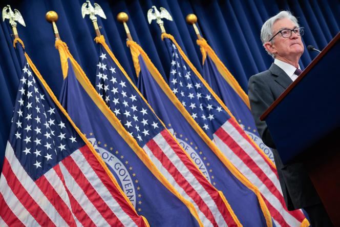 Jerome Powell, président de la Fed, lors d’une conférence de presse, au siège de la banque centrale, à Washington, le 30 juillet 2025.