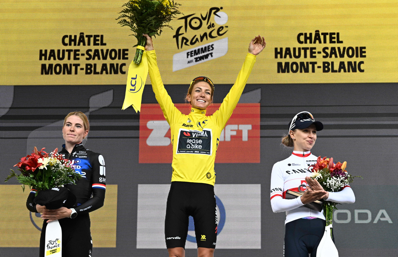 Pauline Ferrand-Prévot porte le maillot jaune à l'arrivée du Tour de France Femmes 2025