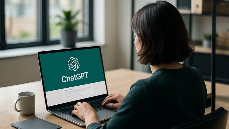 Une personne travaillant sur un ordinateur portable affichant le logo ChatGPT, avec une tasse de café à côté.