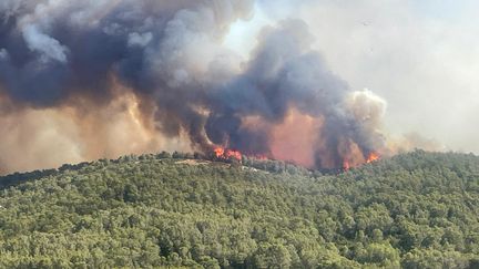 Pour lutter contre le feu dans l'Aude, le 5 août 2025, 1 250 sapeurs-pompiers sont sur place, appuyés par neuf Canadair, cinq Dash et deux hélicoptères. (L'INDEPENDANT / MAXPPP)