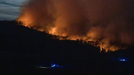 Les pompiers conduisent leurs camions devant un feu de forêt à Tournissan (Aude), le 5 août 2025. (IDRISS BIGOU-GILLES / AFP)