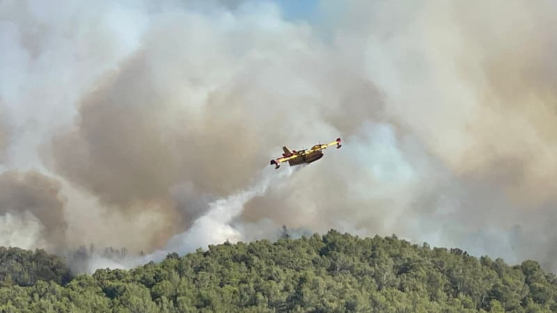 Un Canadair en action sur un important incendie sur le massif des Corbières (Aude), le 6 août 2025.