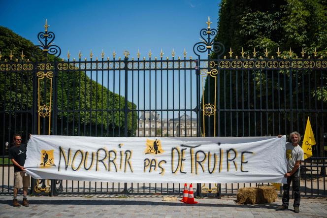 Lors d’une manifestation contre la loi Duplomb, devant le Sénat, le 30 juin 2025.