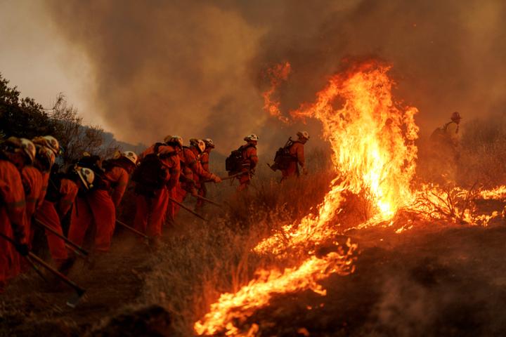 Les pompiers luttent contre les flammes du Canyon Fire, à Castaic (Californie), le 7 août 2025.