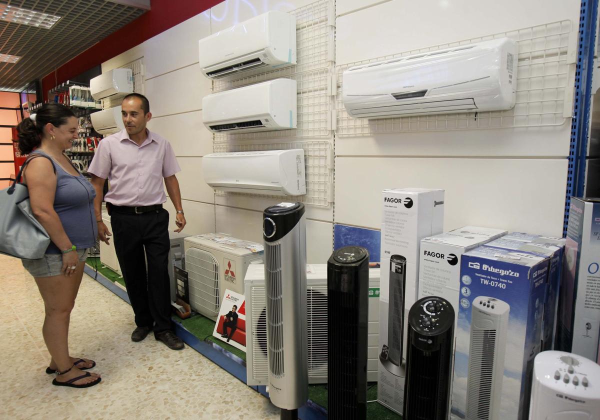 Une femme observe des appareils de climatisation dans un commerce à Cordoue