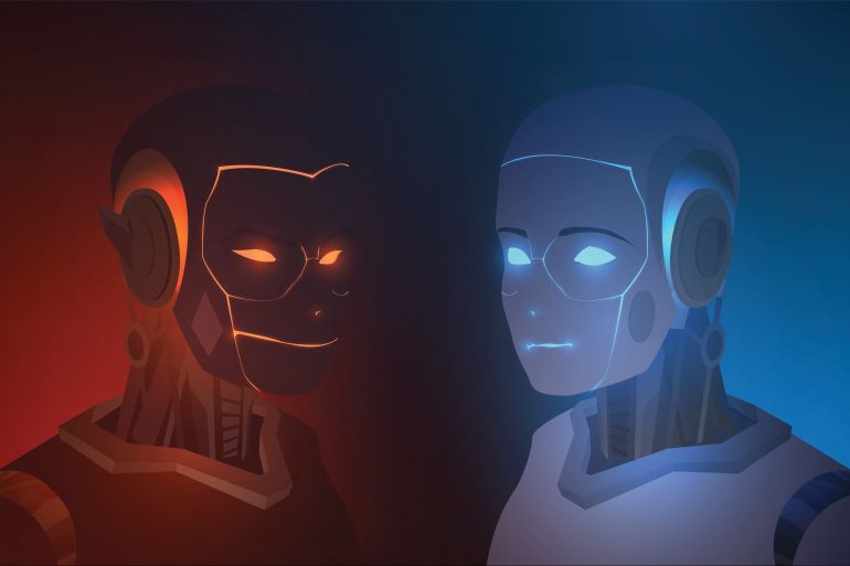 Bad and good robot with glowing eyes, confrontation de deux androïdes