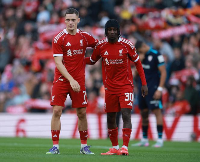 Florian Wirtz et Jeremie Frimpong, deux des recrues de l’été de Liverpool, lors d’un match amical contre l’Athletic Bilbao, le 4 août 2025.