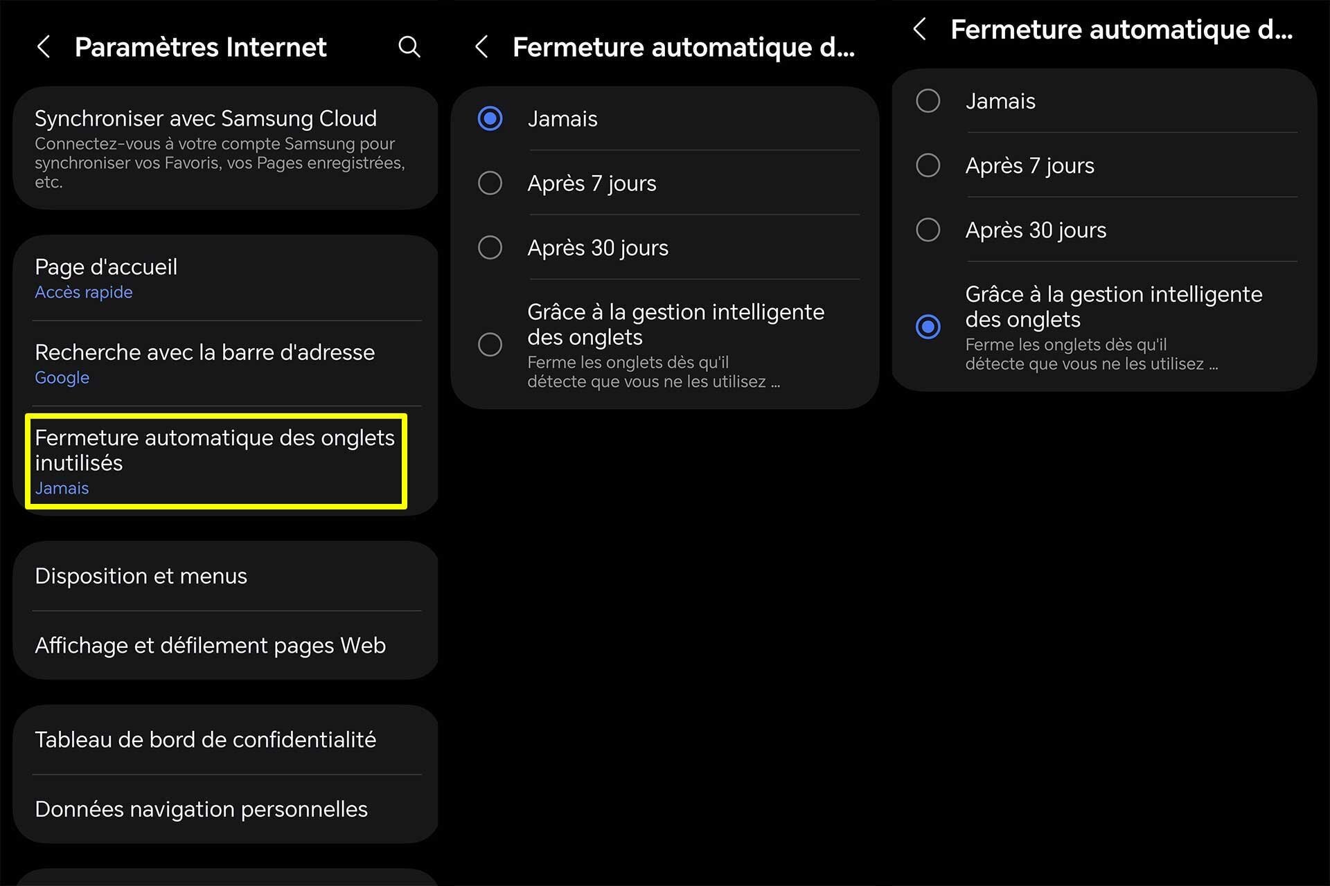 Samsung Internet Beta : fermeture automatique des onglets IA
