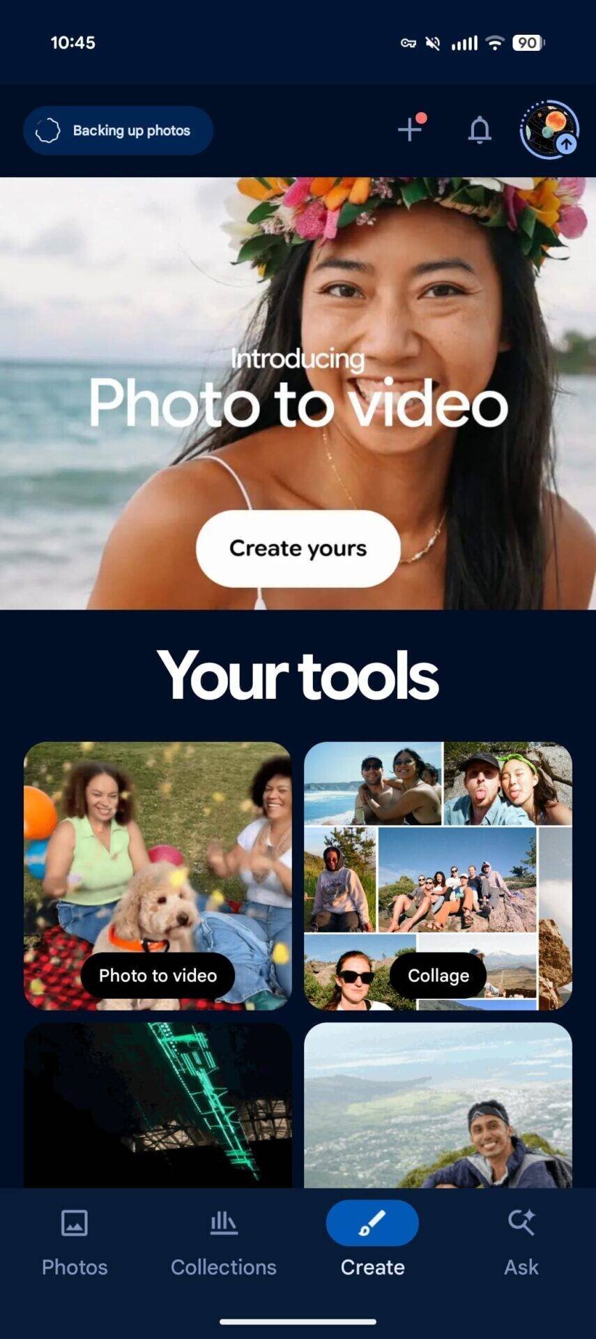 Aperçu interface onglet Create Google Photos