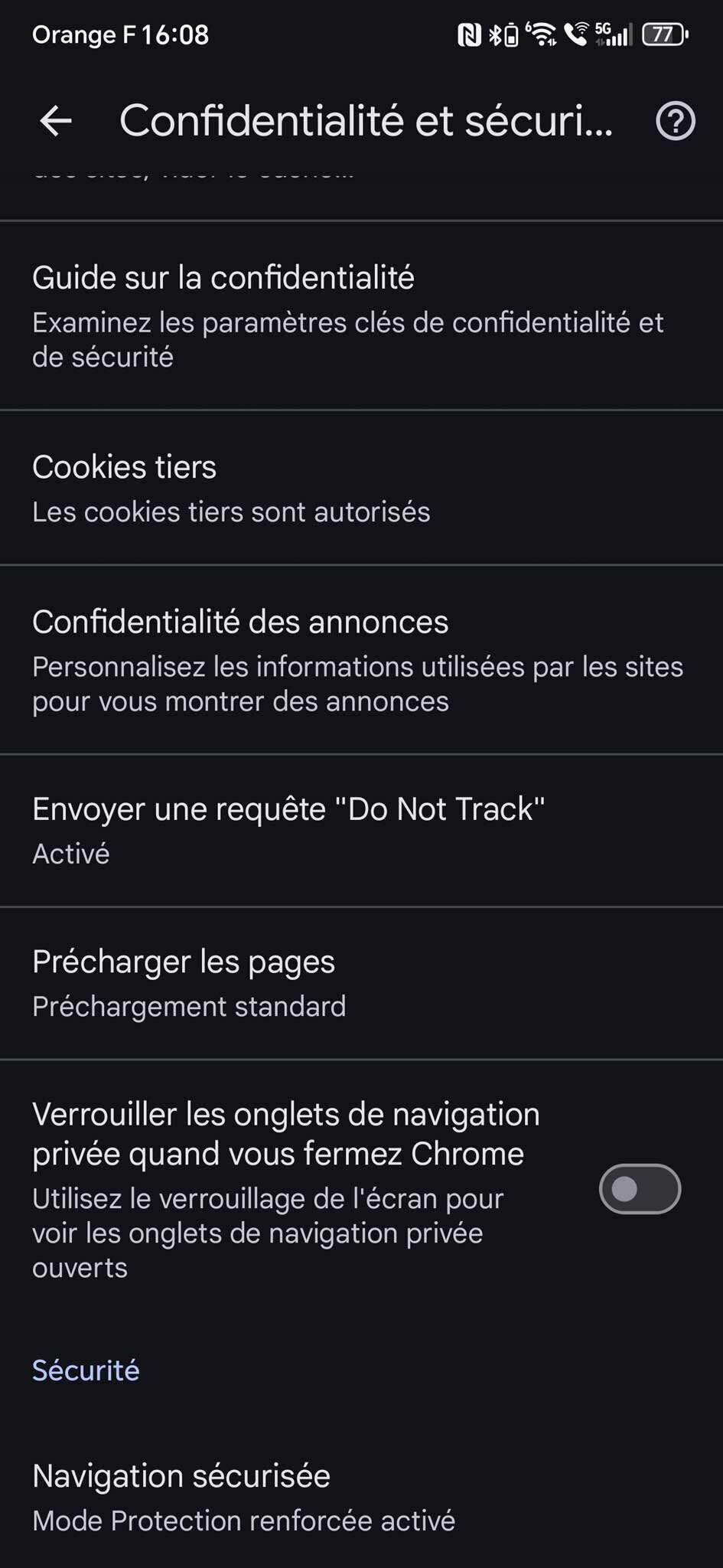 Ancienne interface paramètres Chrome Android