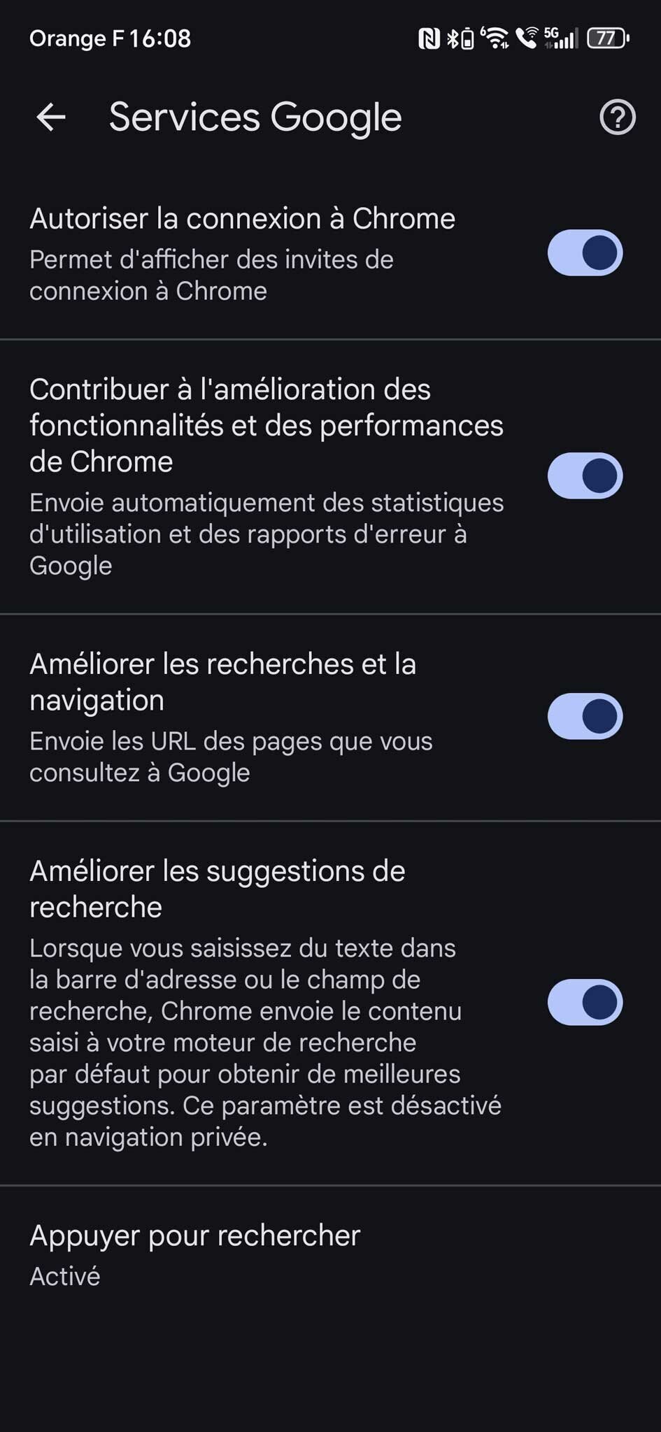 Ancienne organisation des paramètres Chrome