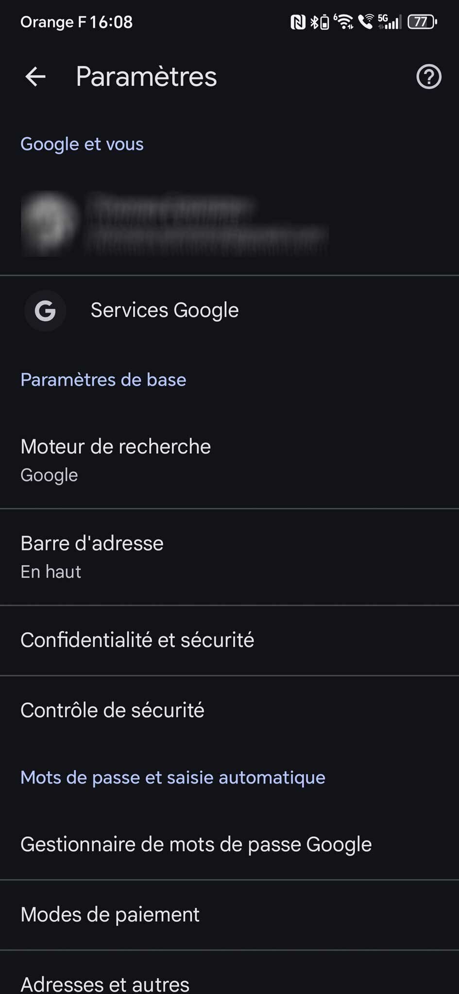 Vue détails anciens paramètres Chrome