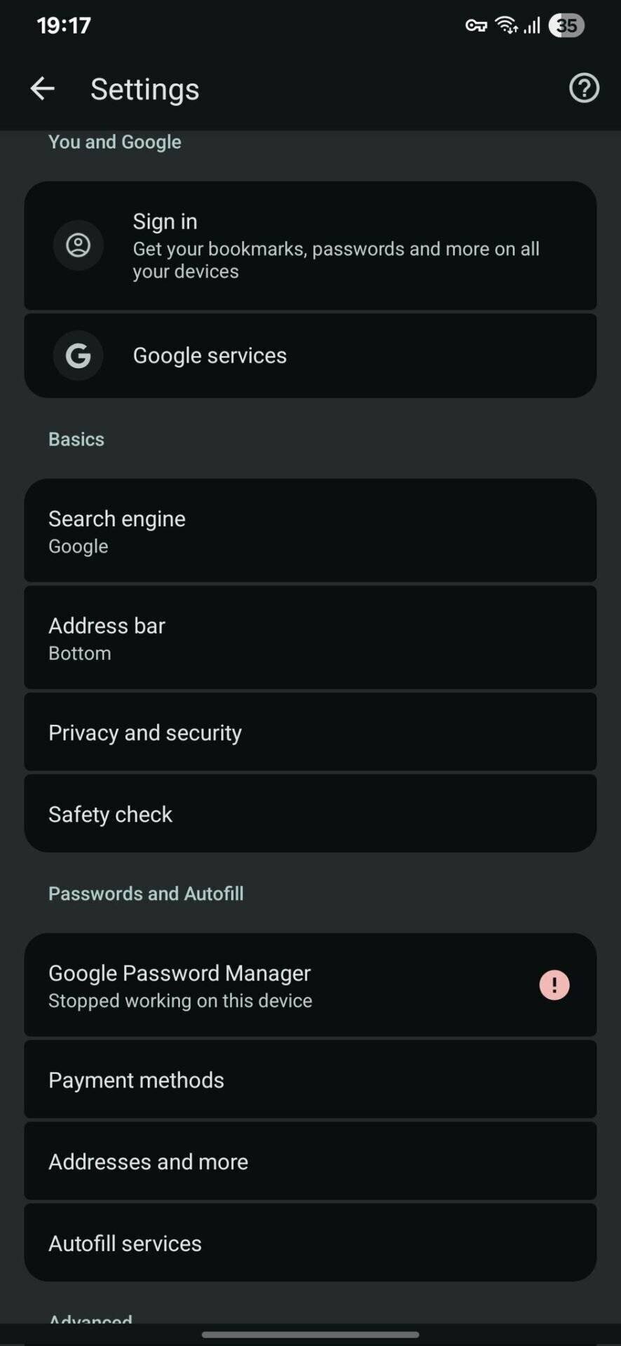 Sous-menus nouveaux paramètres Chrome