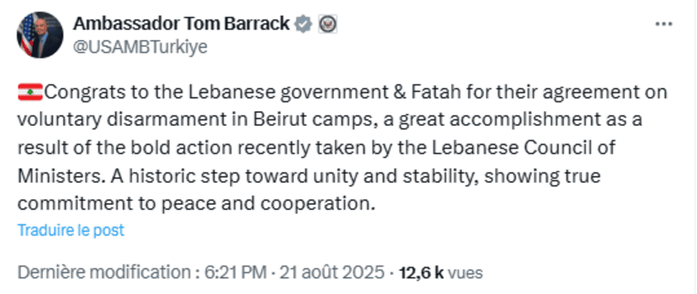 Capture d'écran du message de Tom Barrack