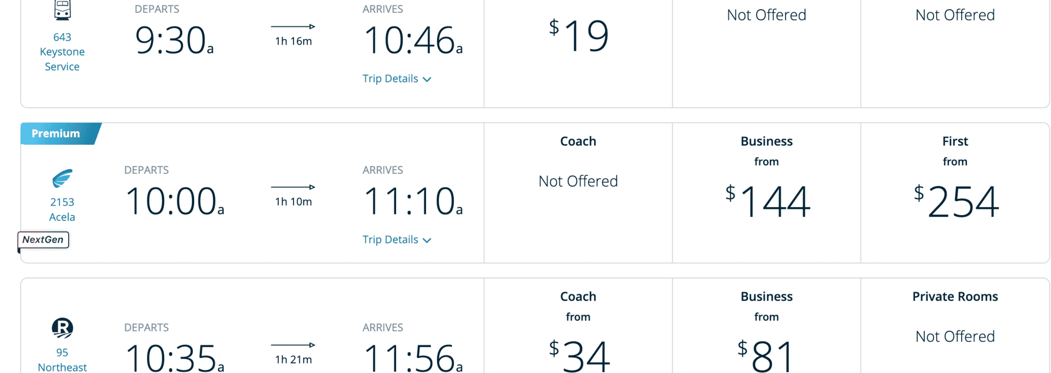 Page de réservation Amtrak affichant le label NextGen