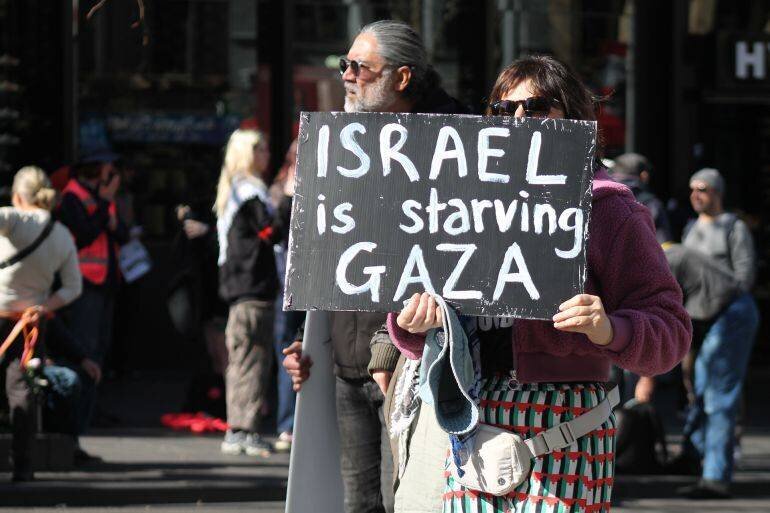 Manifestante portant une pancarte 'Israël affame Gaza'