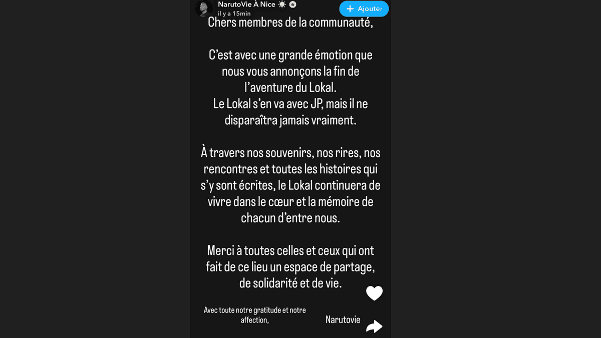 Annonce de fermeture du Lokal par Naruto sur Snapchat