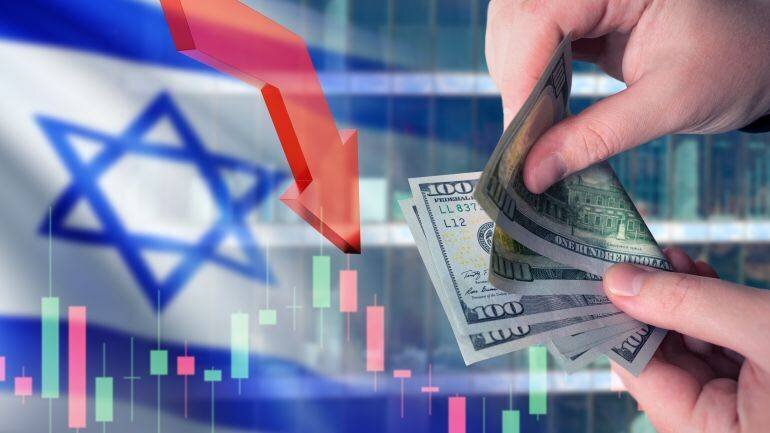 Image symbolisant des problèmes économiques en Israël : argent, drapeau et graphique en baisse