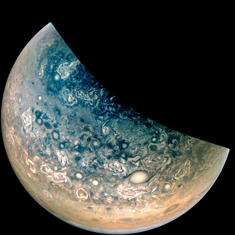 Jupiter observée par la sonde Juno présentant des motifs tourbillonnaires