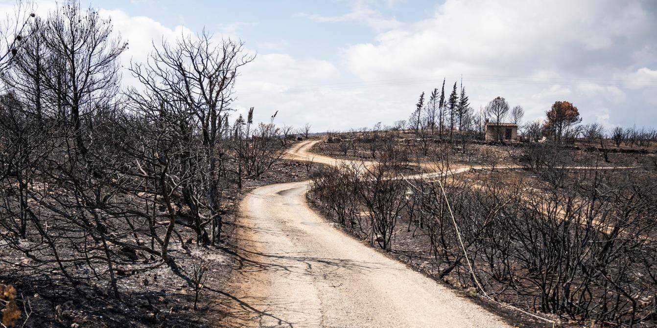 Vue des lieux de l'incendie dans l'Aude et du rassemblement