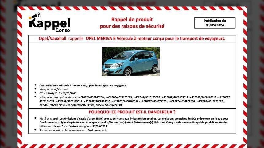 Opel Meriva : rappel publié le 3 mai 2024