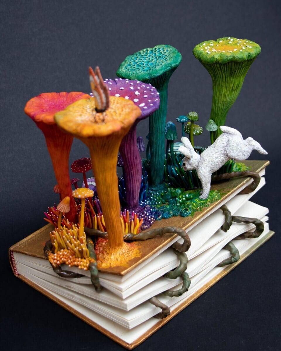 champignons colorés sortant d'un vieux livre